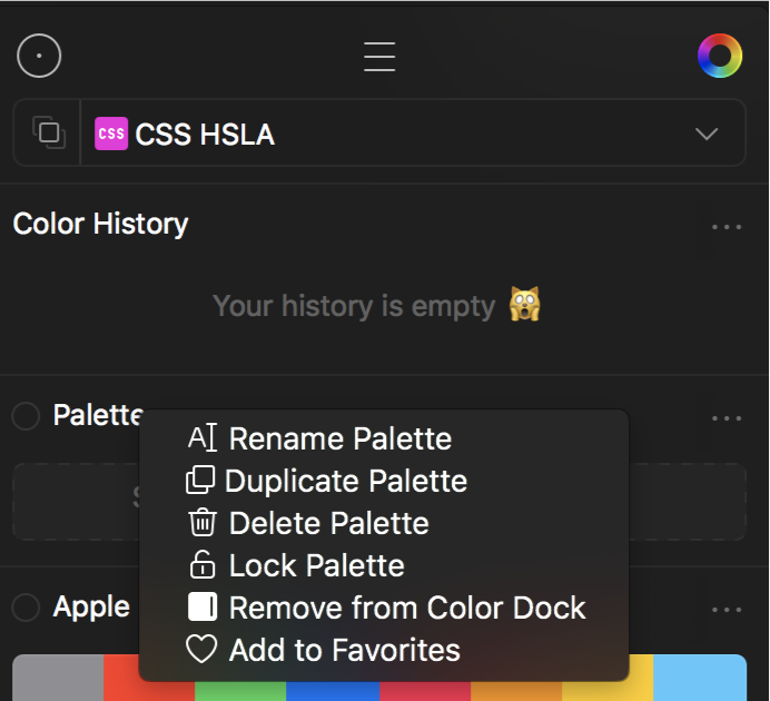Palette context menu